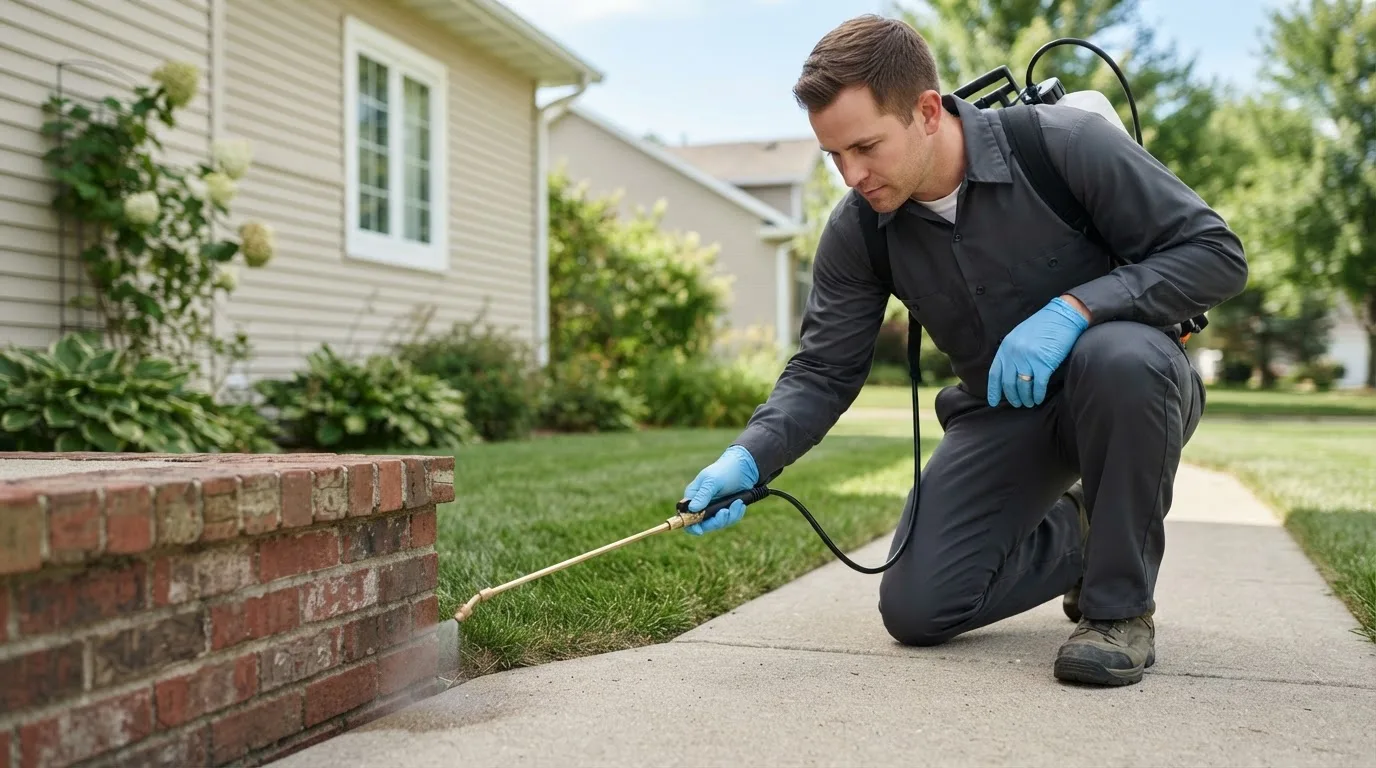 Pest control technician treating a home near Powell, OH