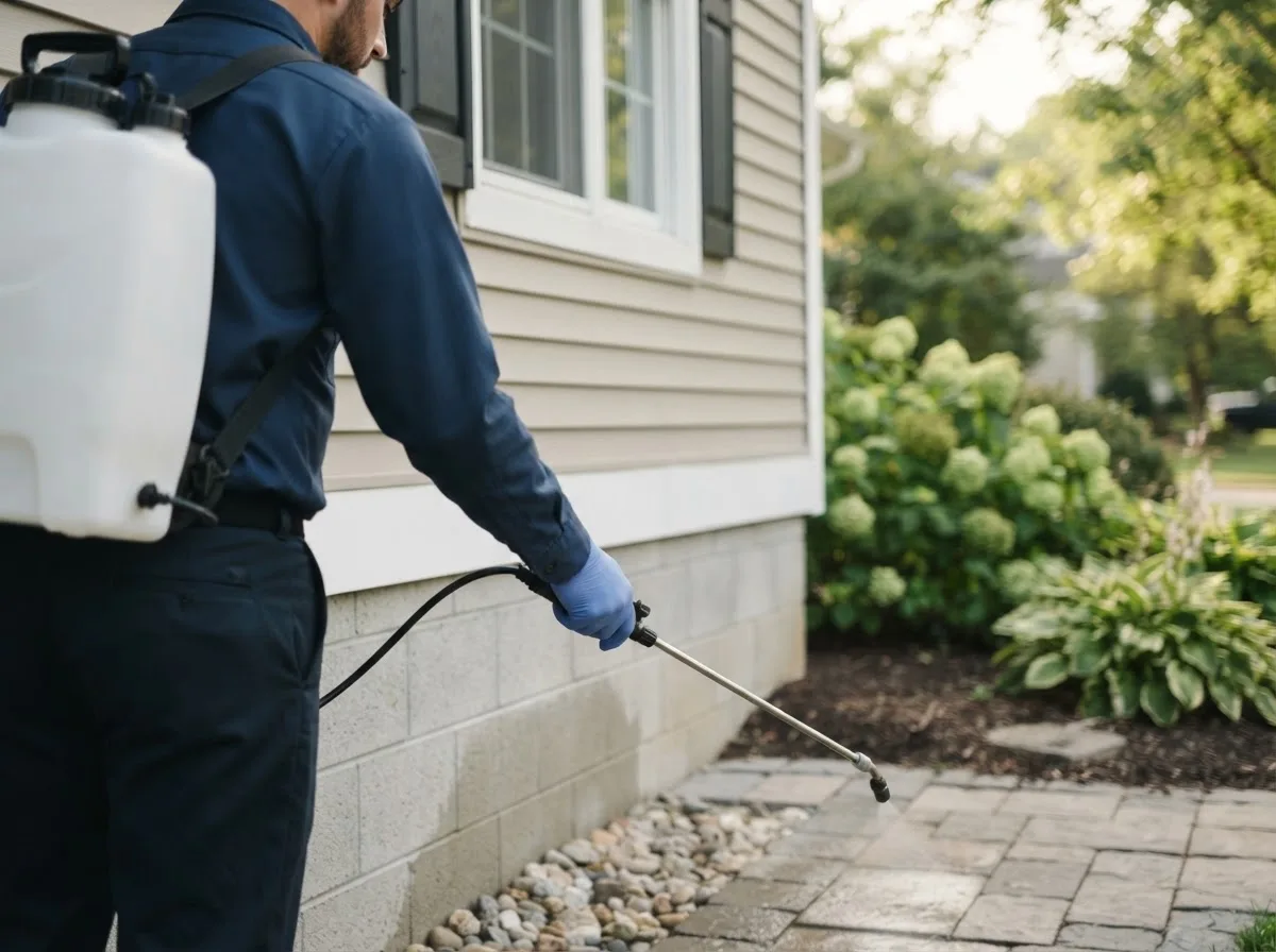Pest control technician inspecting a home in Powell, OH